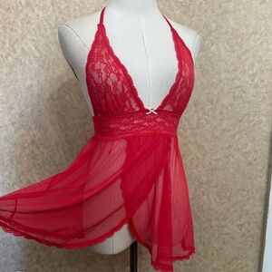 VTG Y2K 2000s Red Sheer Mesh Open Front Lingerie Babydoll Slip Dress Chemise